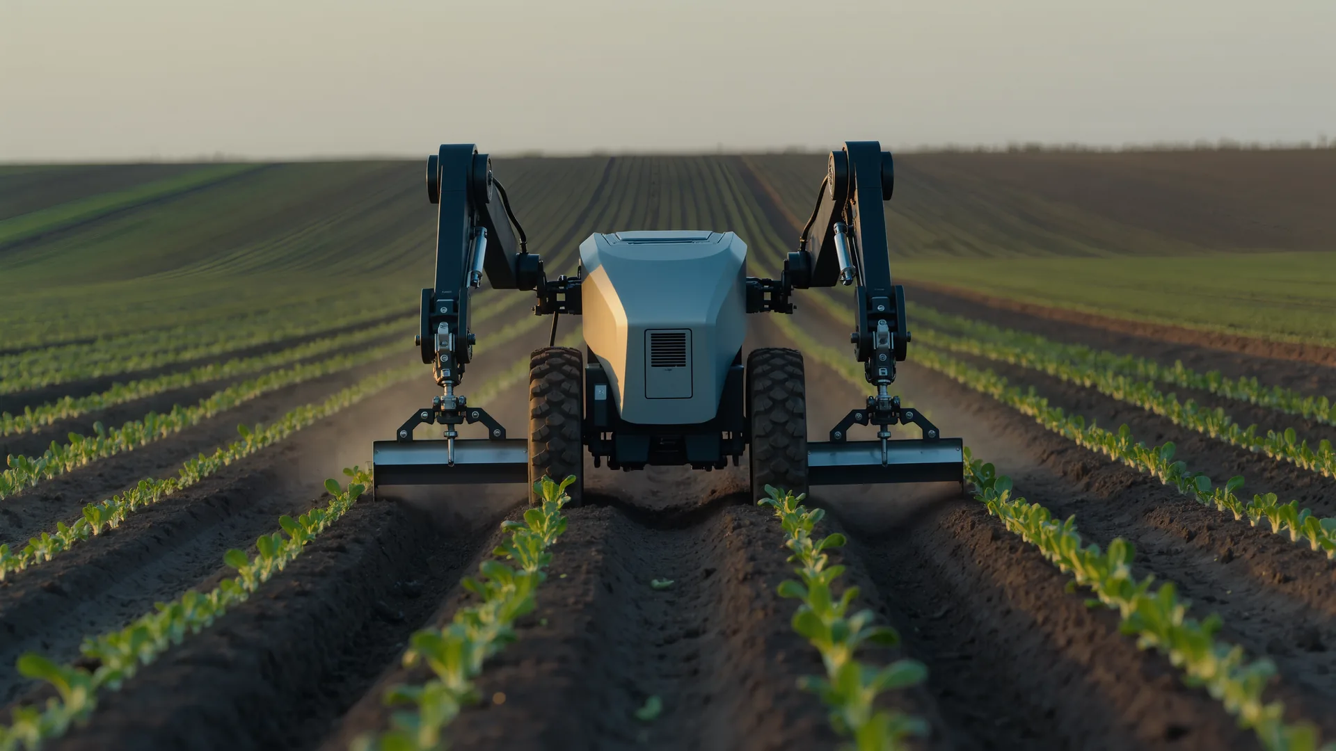 Autonomous weeding robot straddling a row of young vegetable seedlings