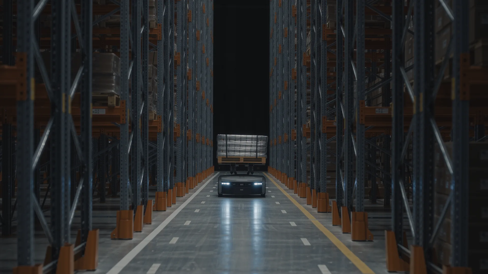 Autonomous mobile robot carrying a load along a warehouse aisle