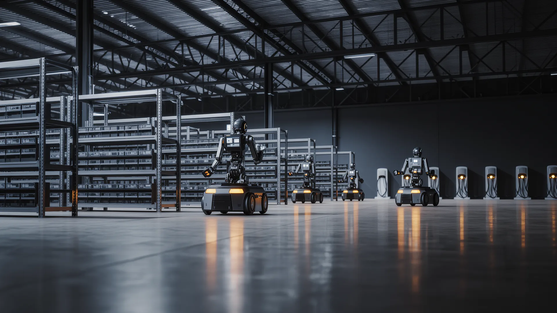 Several mobile robots moving shelf units across a warehouse floor