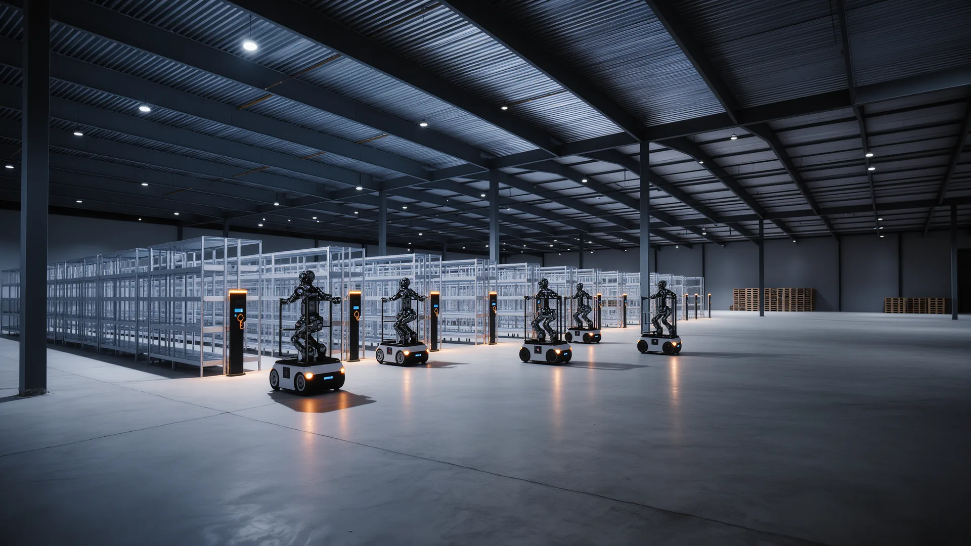 Several mobile robots moving shelf units across a warehouse floor