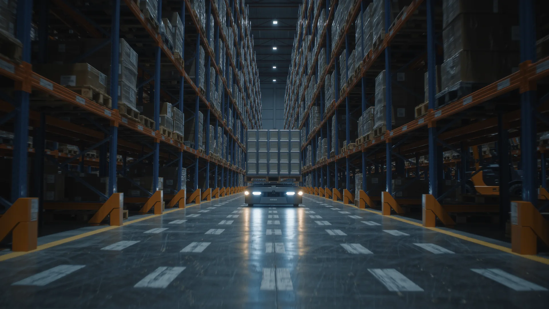 Autonomous mobile robot carrying a load along a warehouse aisle