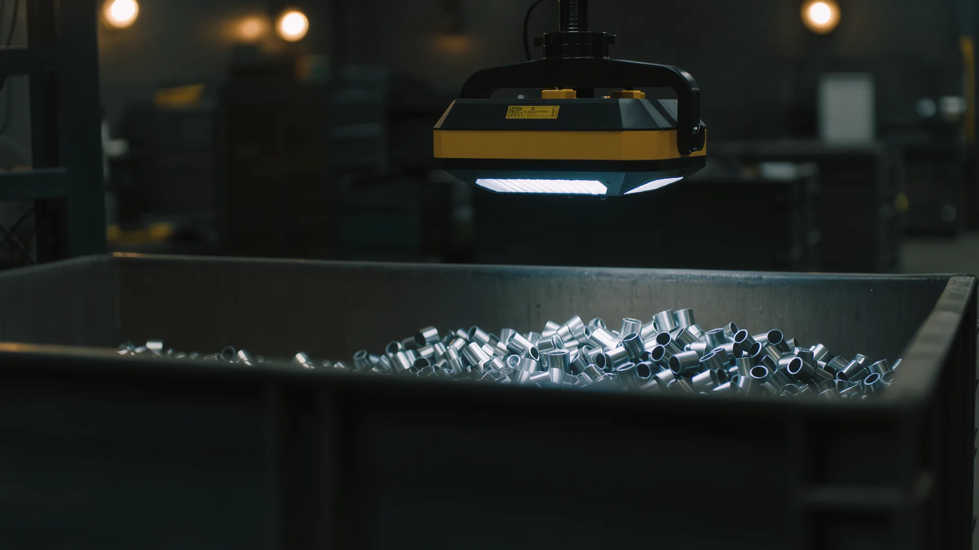 Three-dimensional sensor mounted above a bin of randomly oriented metal parts