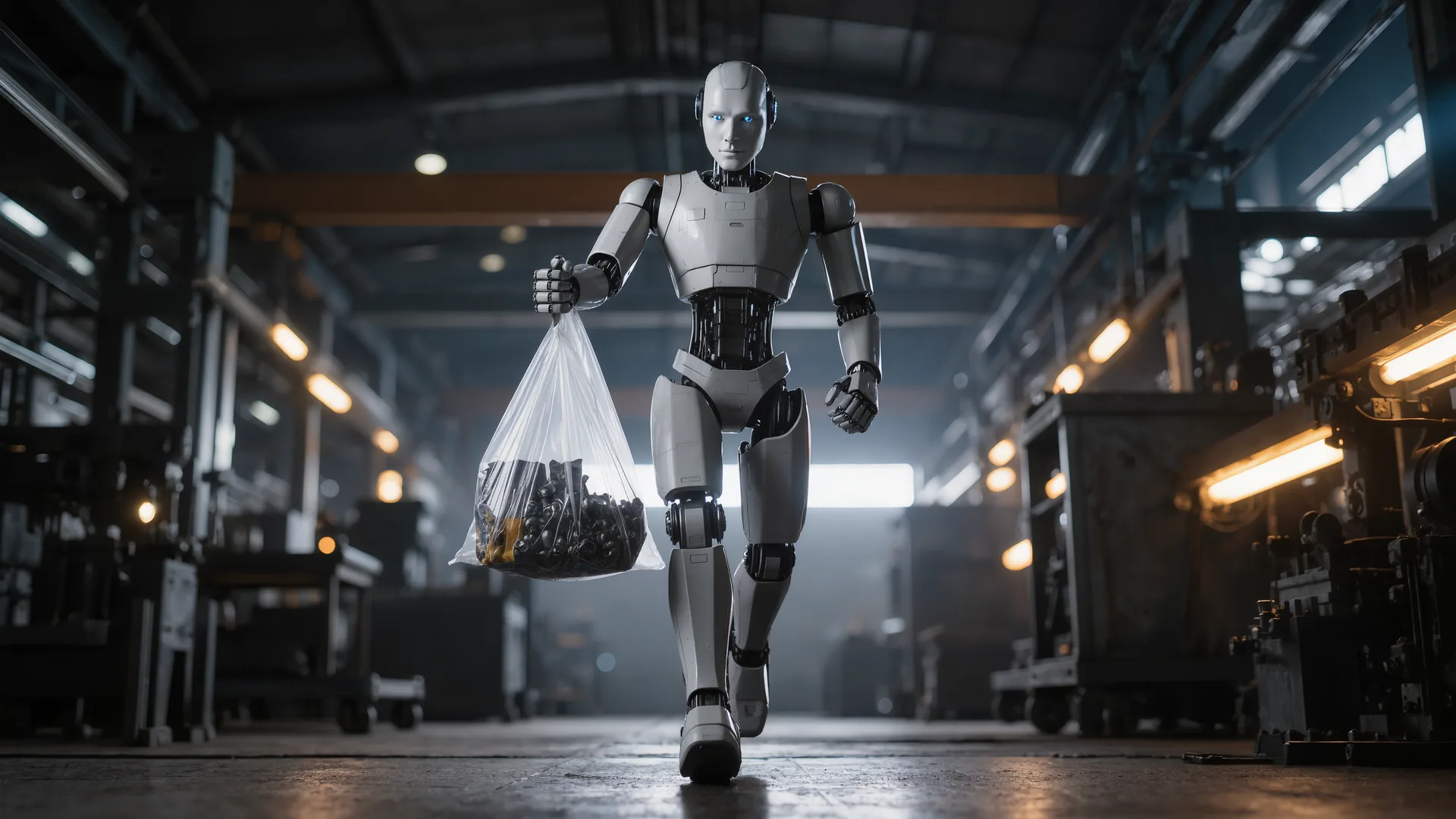 Humanoid robot standing in an industrial workspace holding a tote