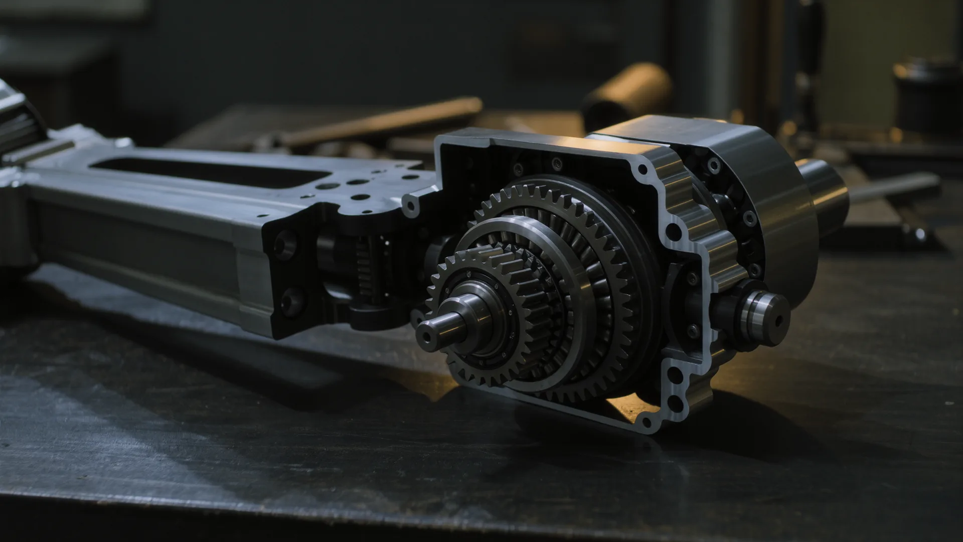 Robot joint module opened up to show gearbox, motor and bearing stack