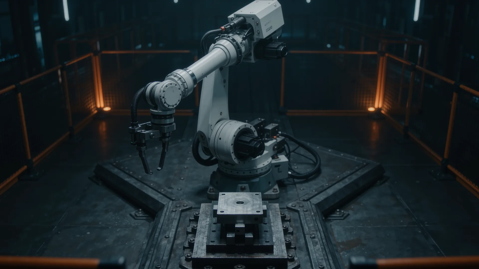 Six-axis industrial robot arm in motion inside a guarded manufacturing cell