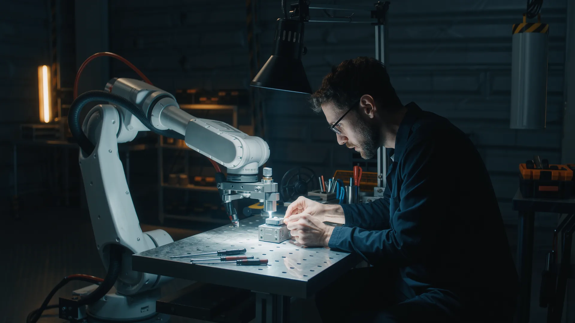 Collaborative robot arm working at an assembly bench beside a person