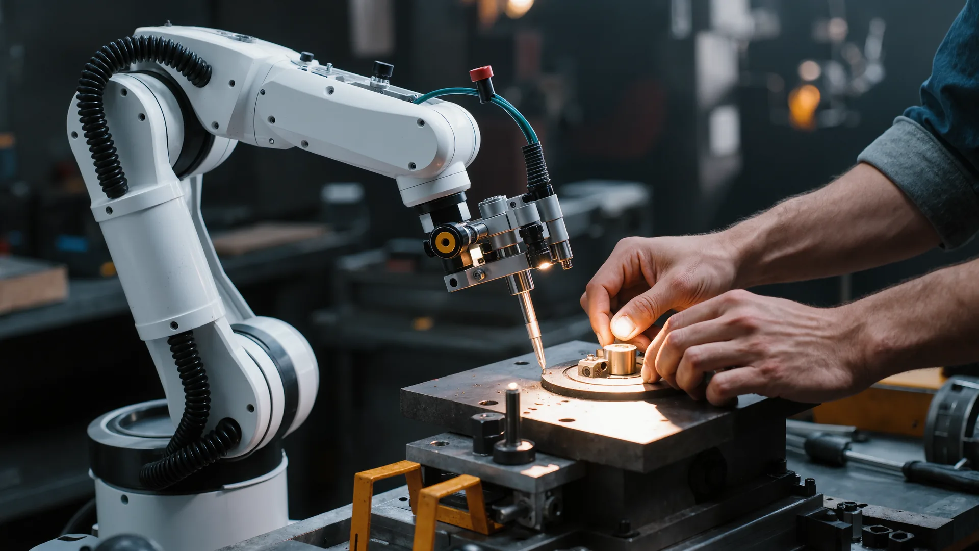 Collaborative robot arm working at an assembly bench beside a person