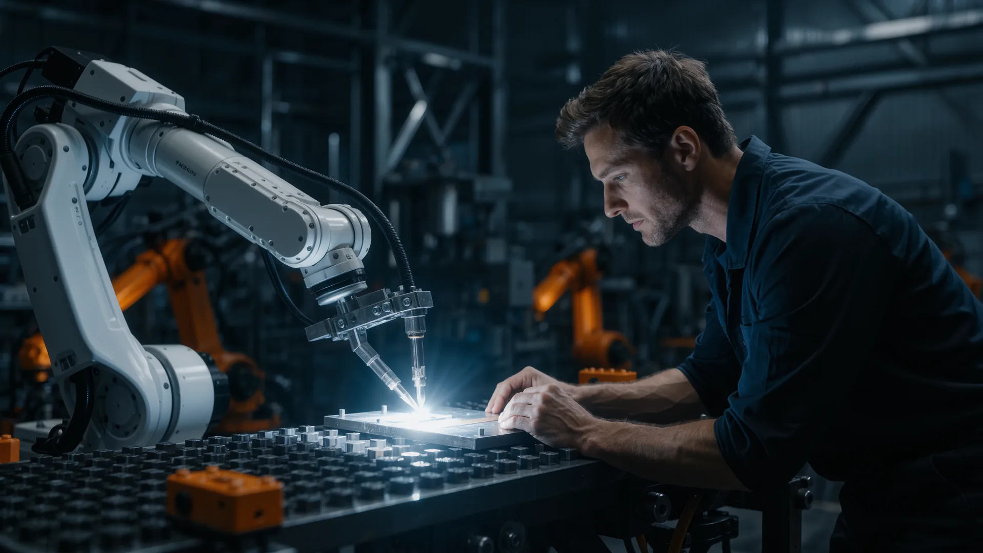 Collaborative robot arm working at an assembly bench beside a person