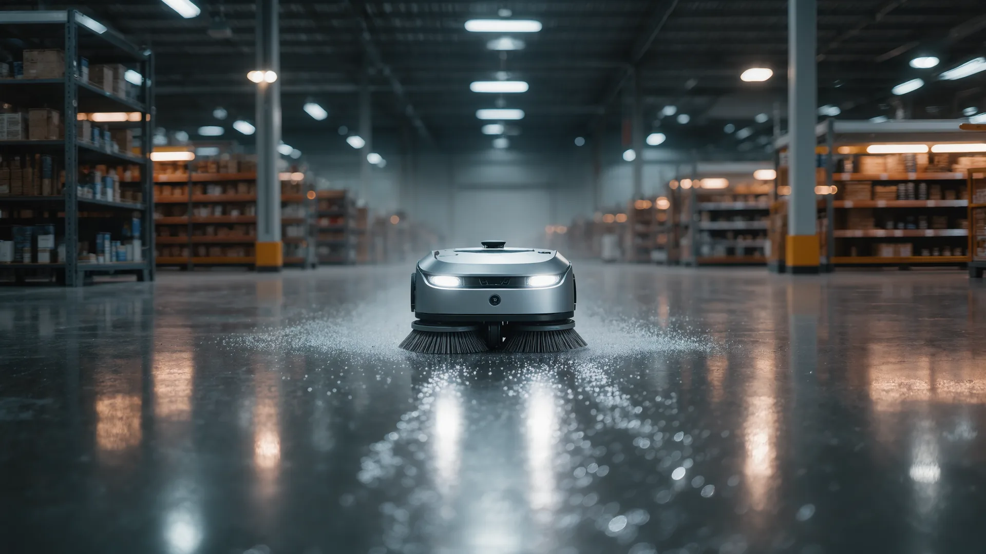 Autonomous floor scrubbing robot cleaning a large retail hall at night