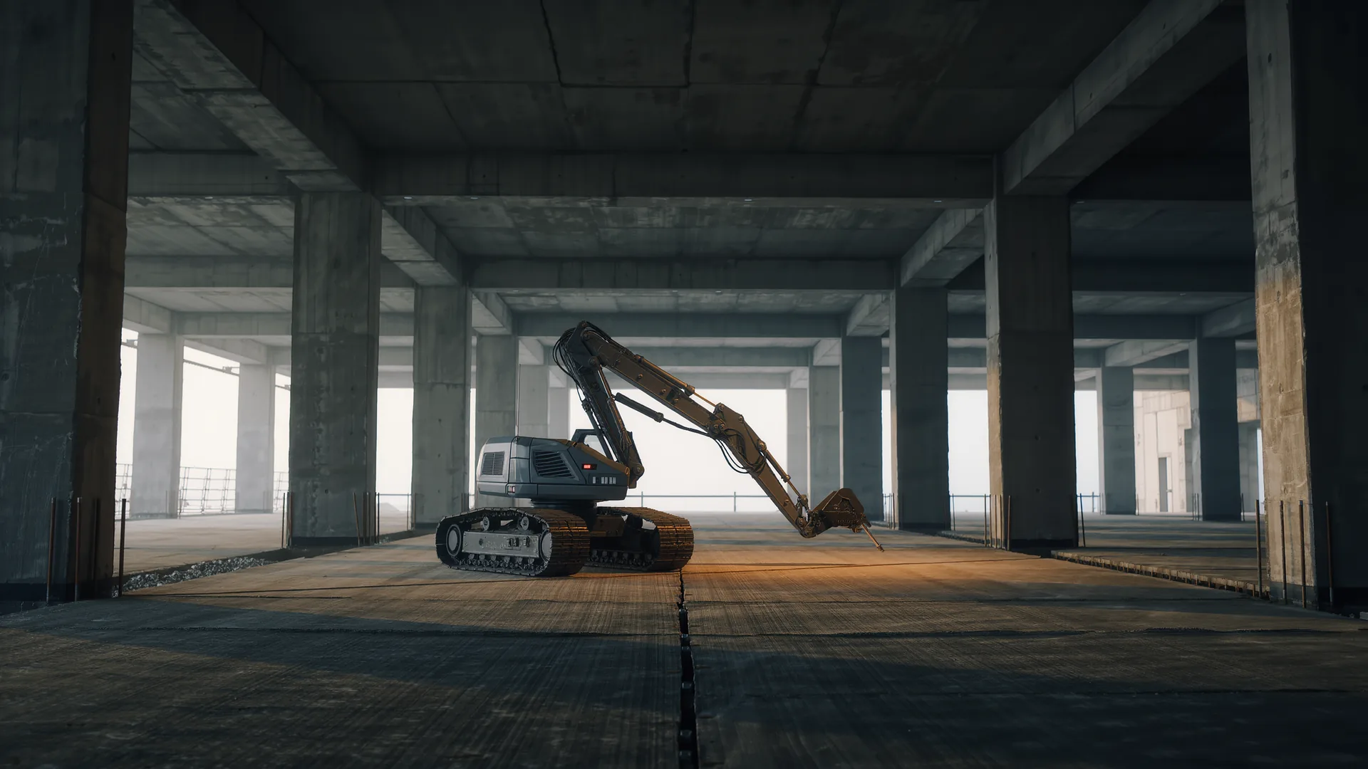 Tracked construction robot marking layout lines on a concrete floor slab