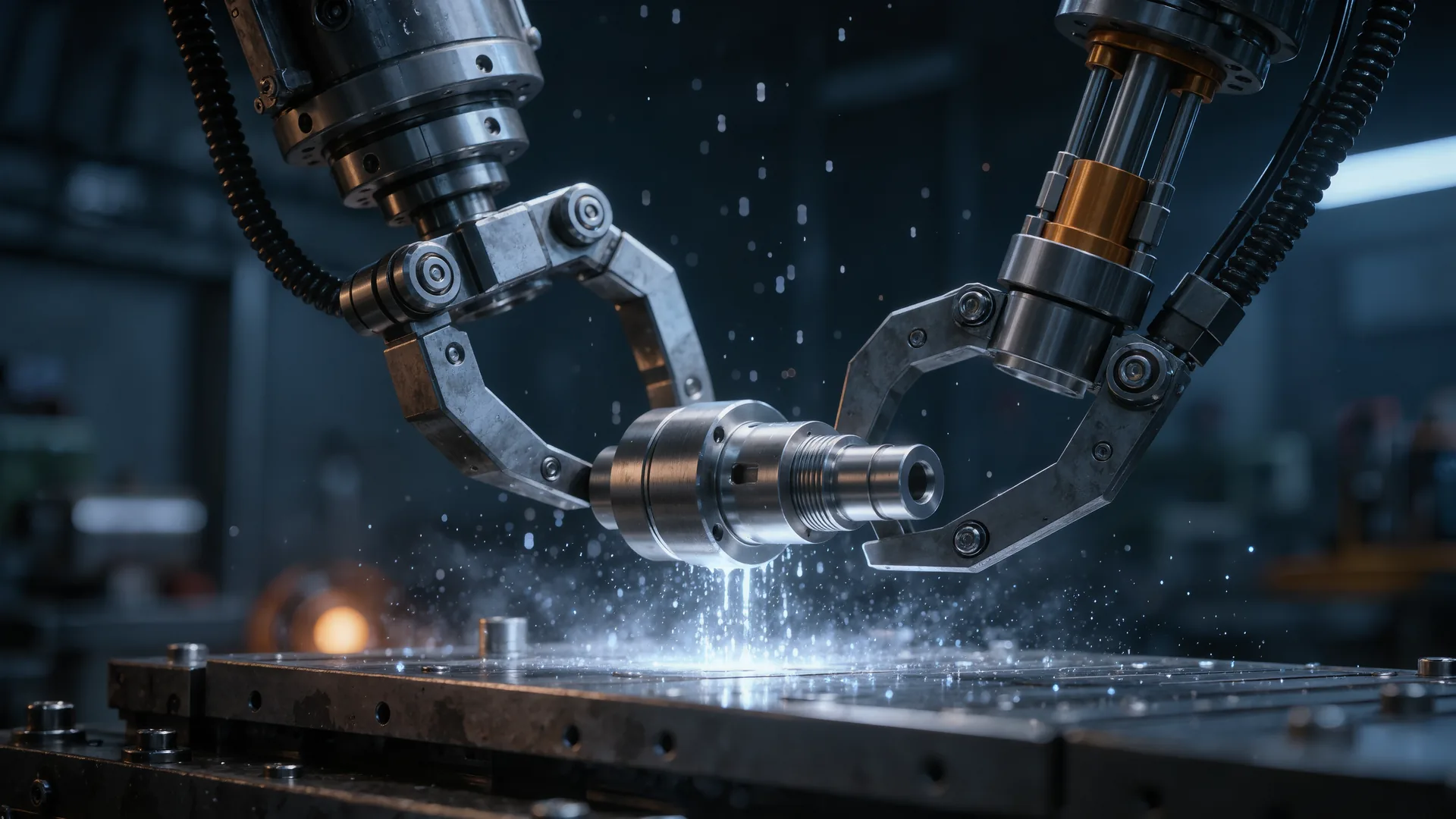Industrial robot wrist and gripper holding a machined metal part above a machine table