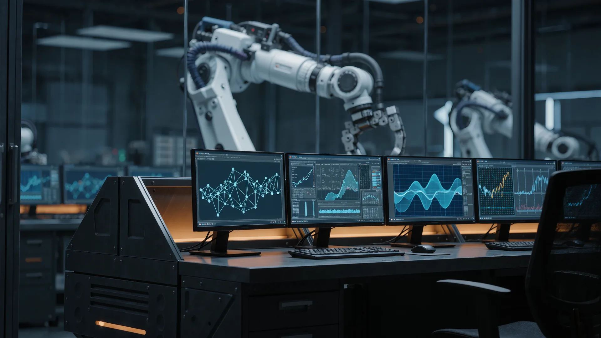 Engineering workstation in a robot cell with monitors showing motion data