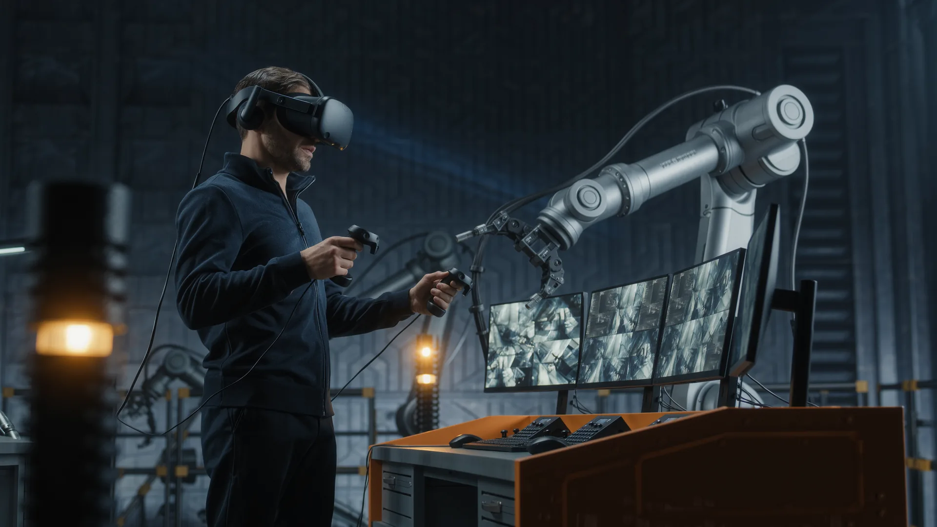 Operator in a virtual reality headset guiding a robot arm across a workbench