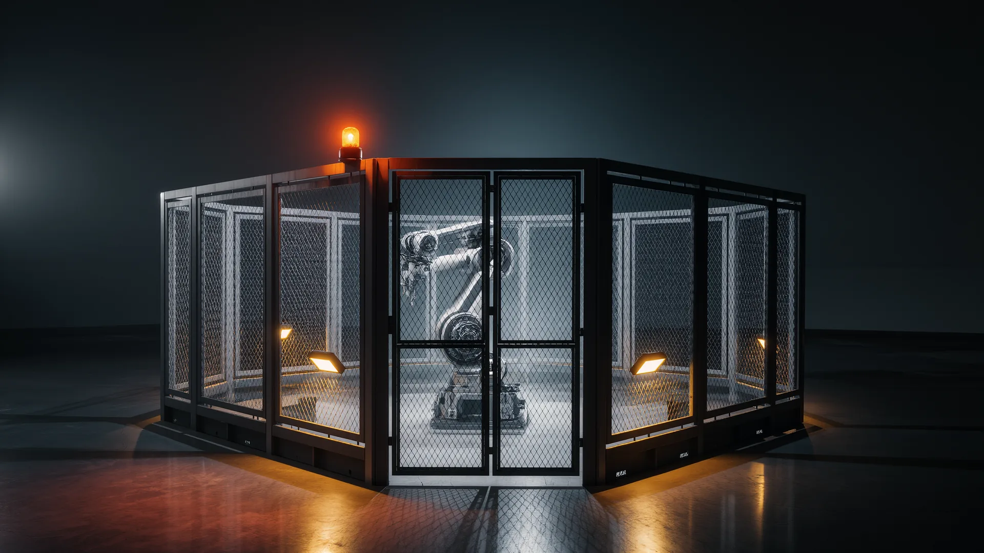 Robot cell perimeter with mesh fencing, interlocked door and warning beacon