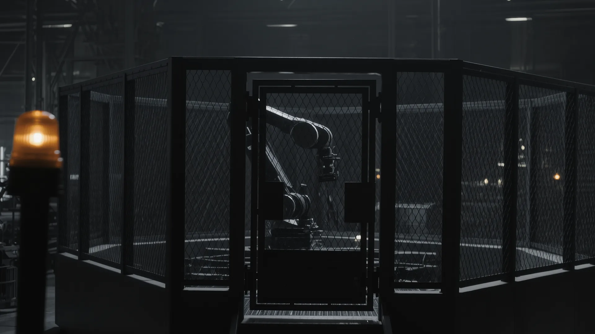 Robot cell perimeter with mesh fencing, interlocked door and warning beacon