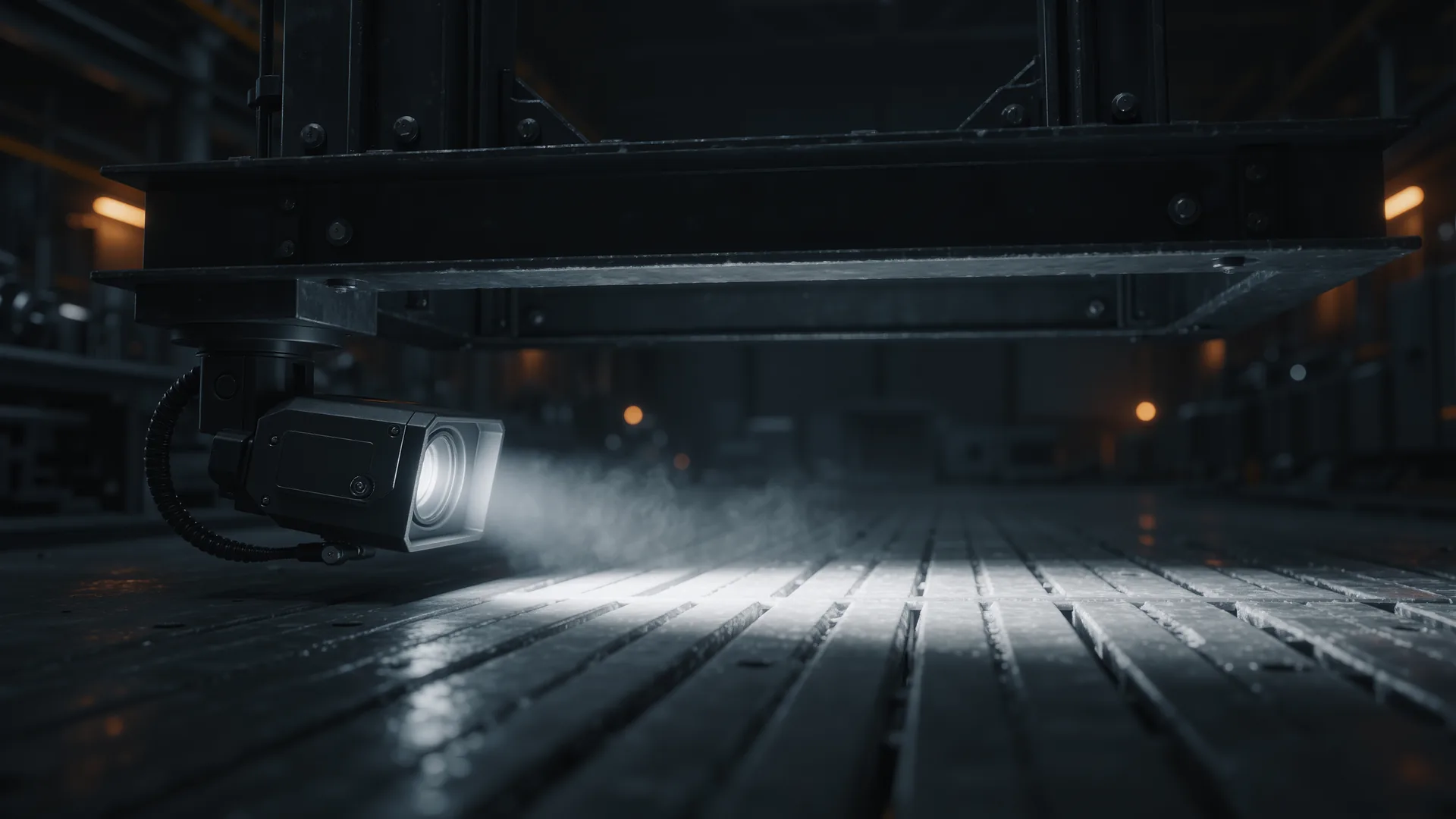 Safety laser scanner mounted low on a machine frame on a factory floor