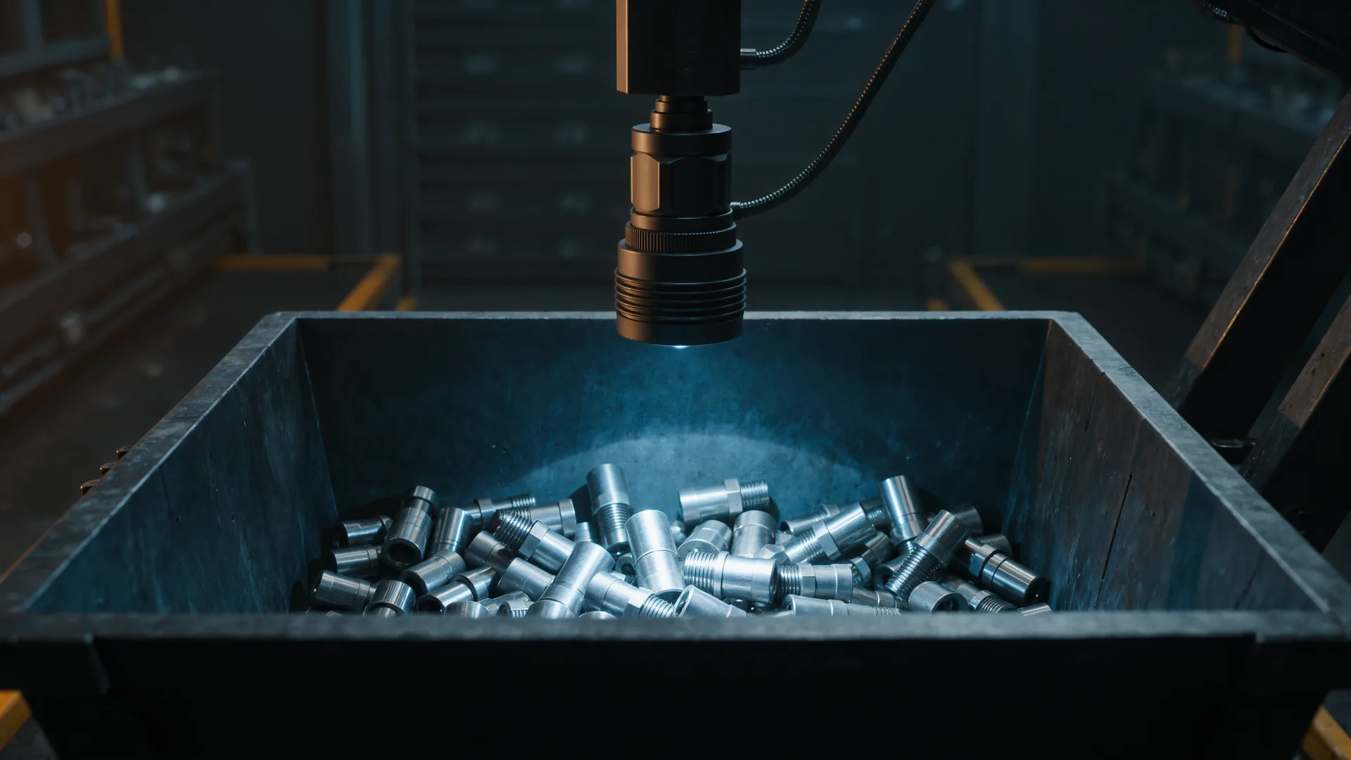 Three-dimensional sensor mounted above a bin of randomly oriented metal parts