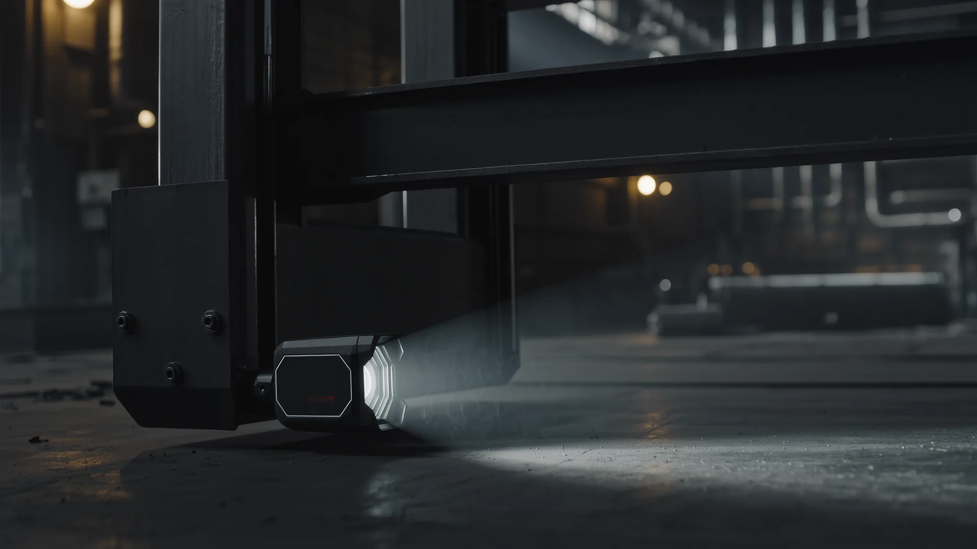Safety laser scanner mounted low on a machine frame on a factory floor