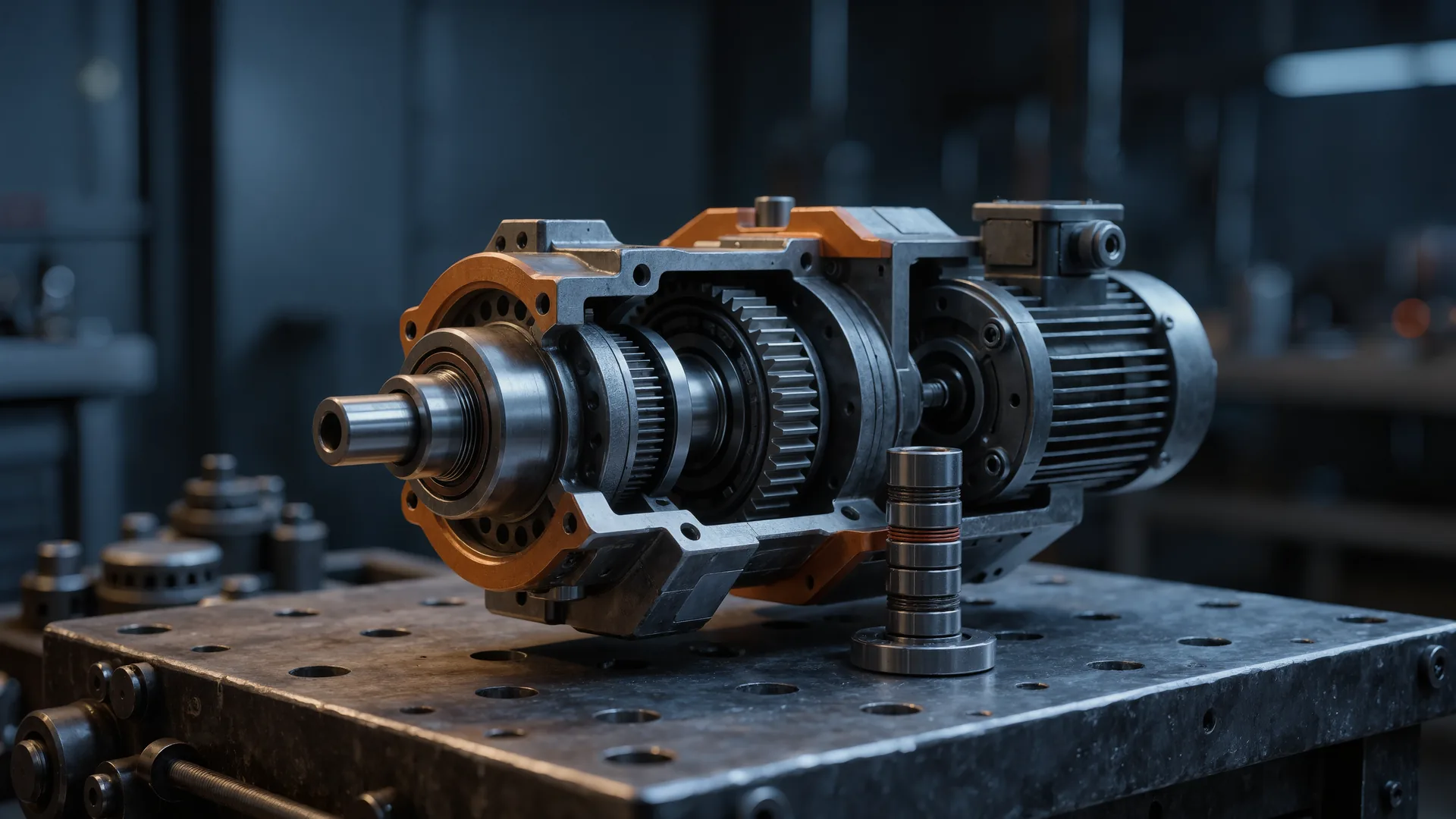 Robot joint module opened up to show gearbox, motor and bearing stack