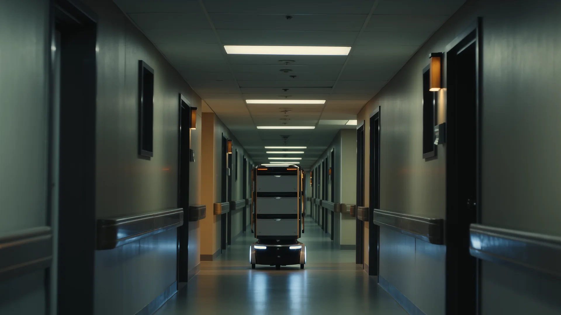Autonomous transport robot moving supplies along a hospital corridor