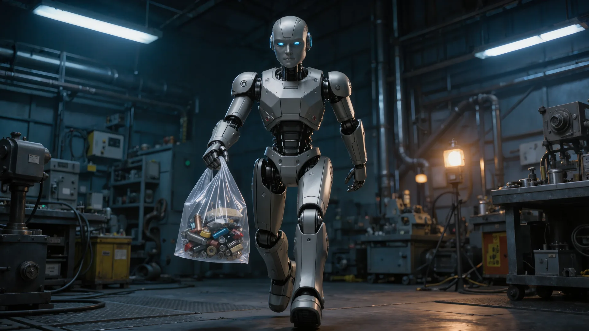 Humanoid robot standing in an industrial workspace holding a tote