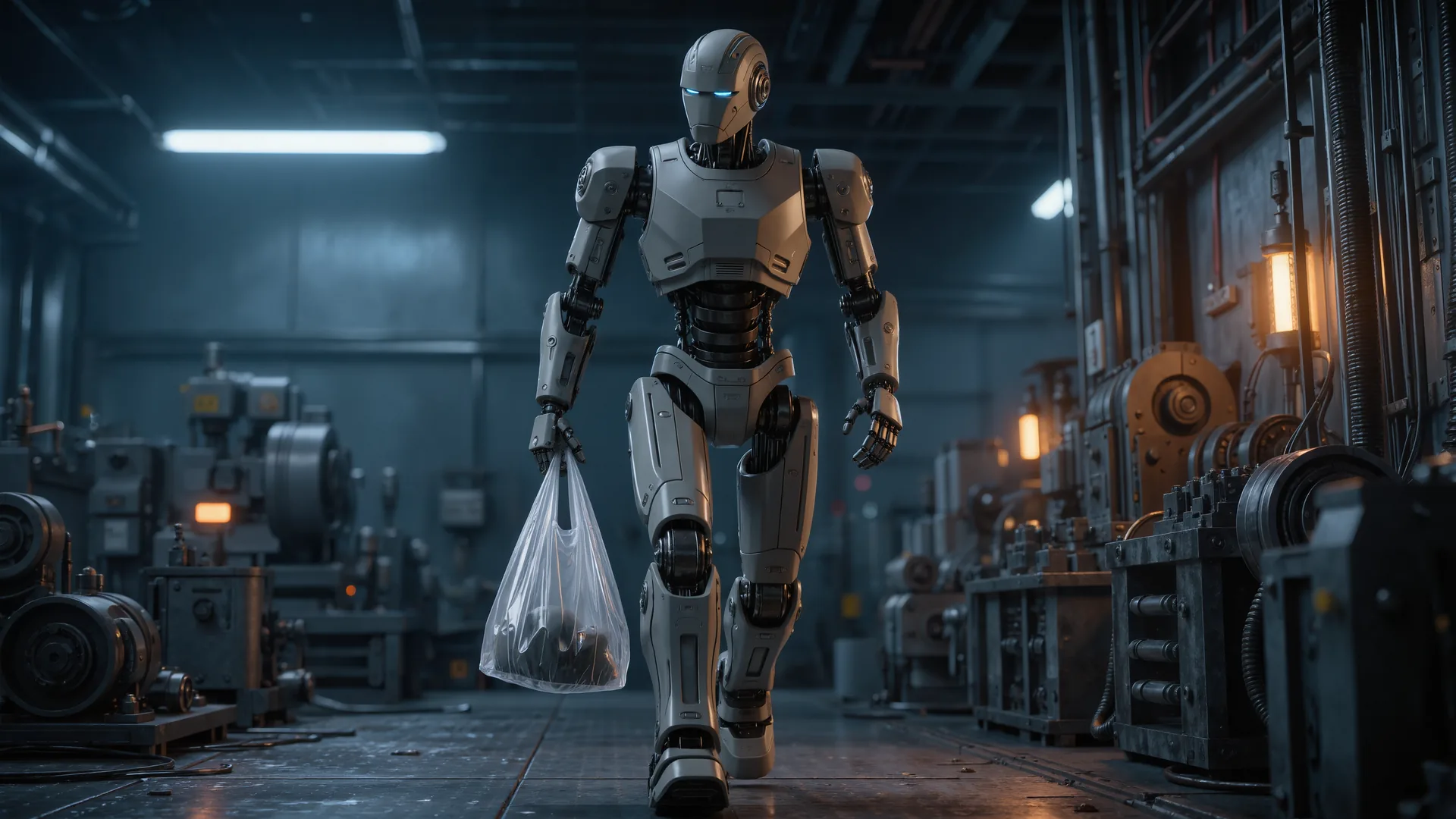 Humanoid robot standing in an industrial workspace holding a tote