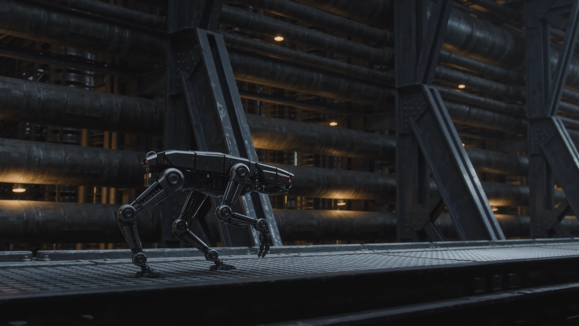 Quadruped inspection robot walking across steel grating in a process plant