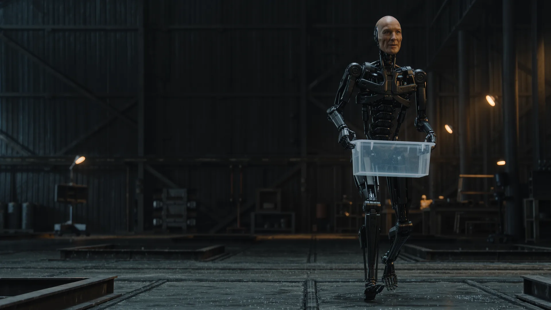 Humanoid robot standing in an industrial workspace holding a tote