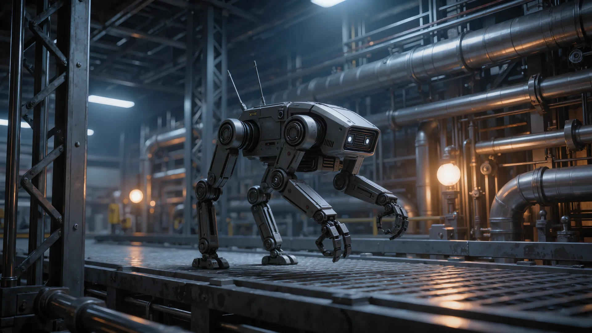 Quadruped inspection robot walking across steel grating in a process plant