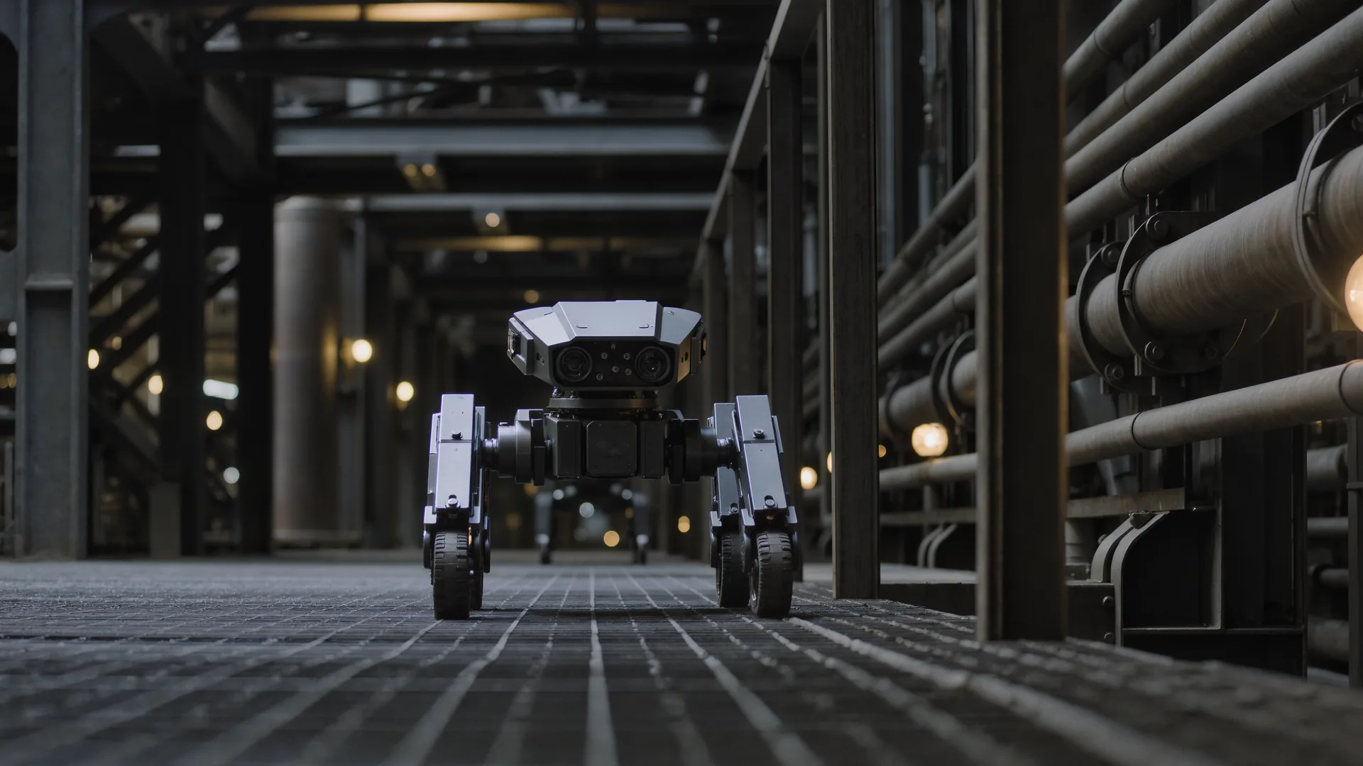 Quadruped inspection robot walking across steel grating in a process plant