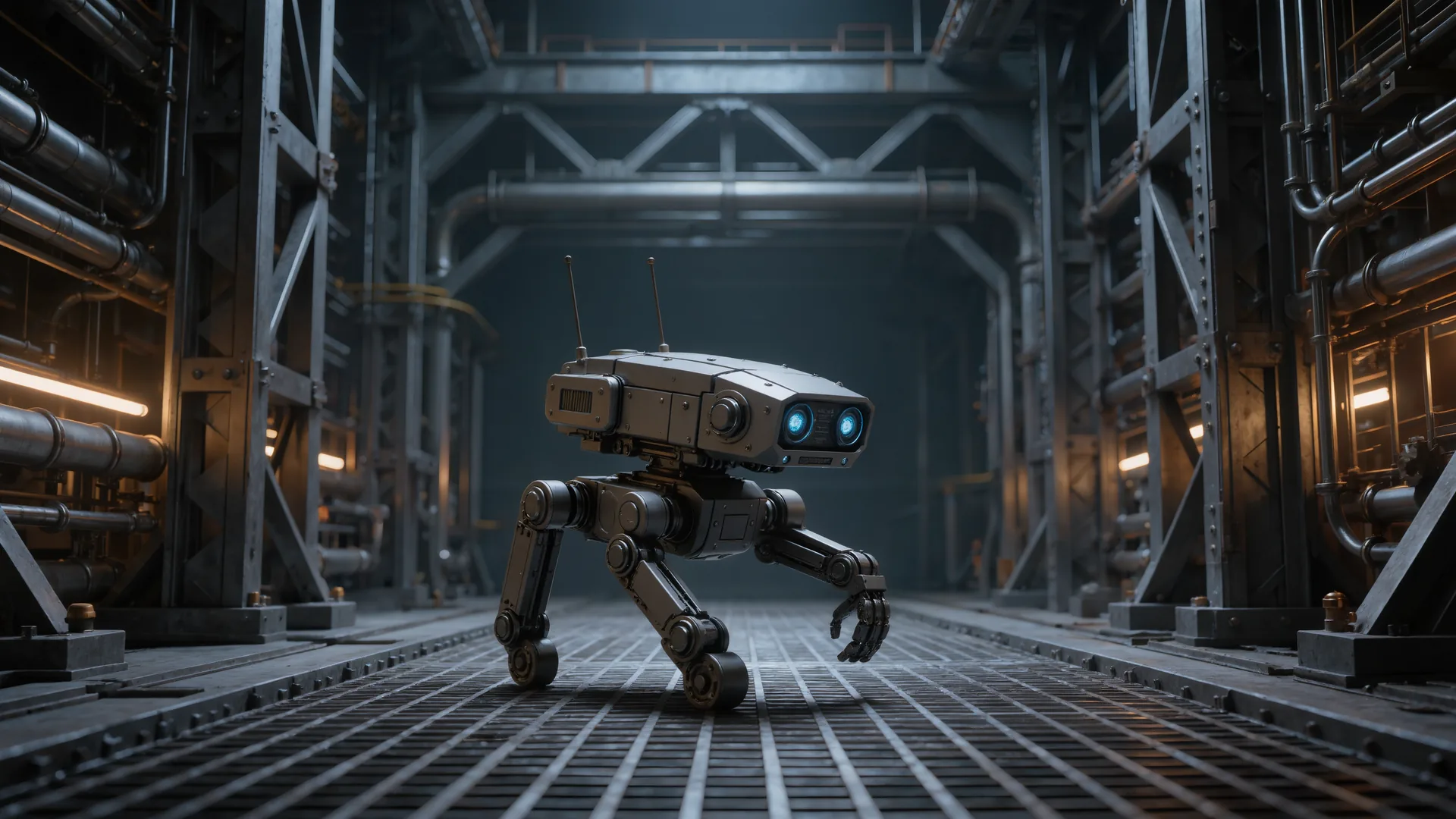Quadruped inspection robot walking across steel grating in a process plant