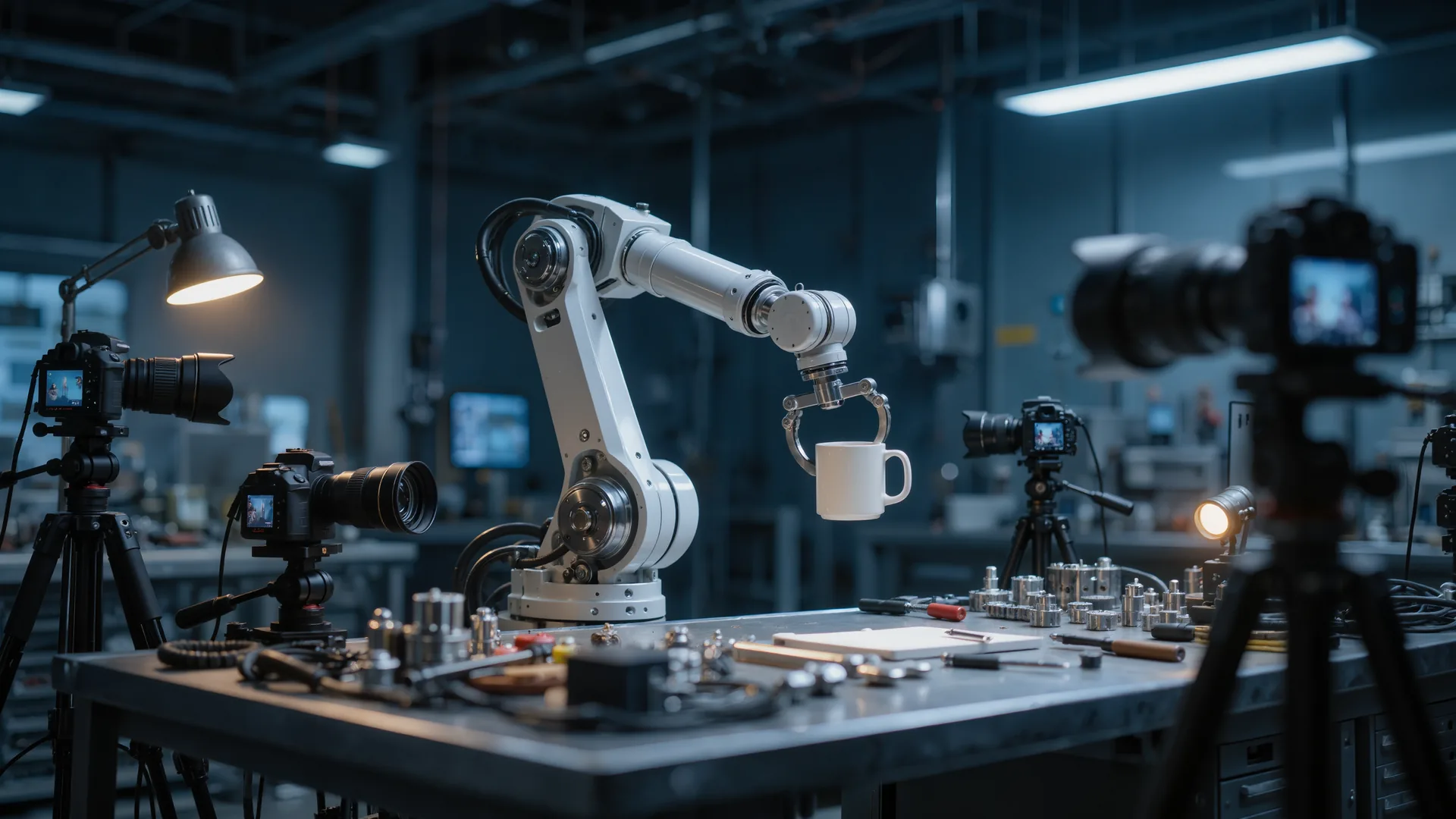 Robot arm gripping an object on a table surrounded by camera rigs