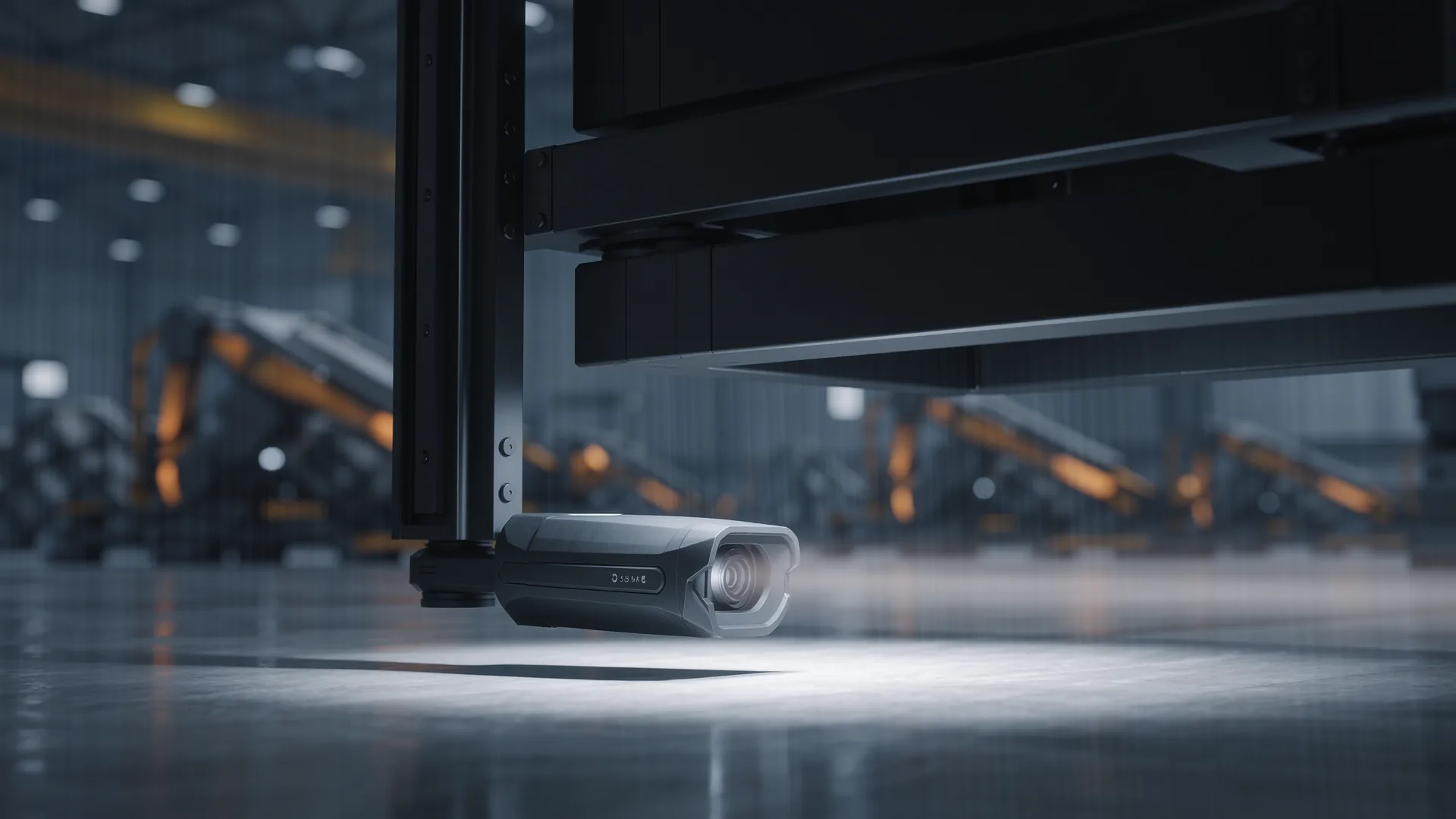 Safety laser scanner mounted low on a machine frame on a factory floor