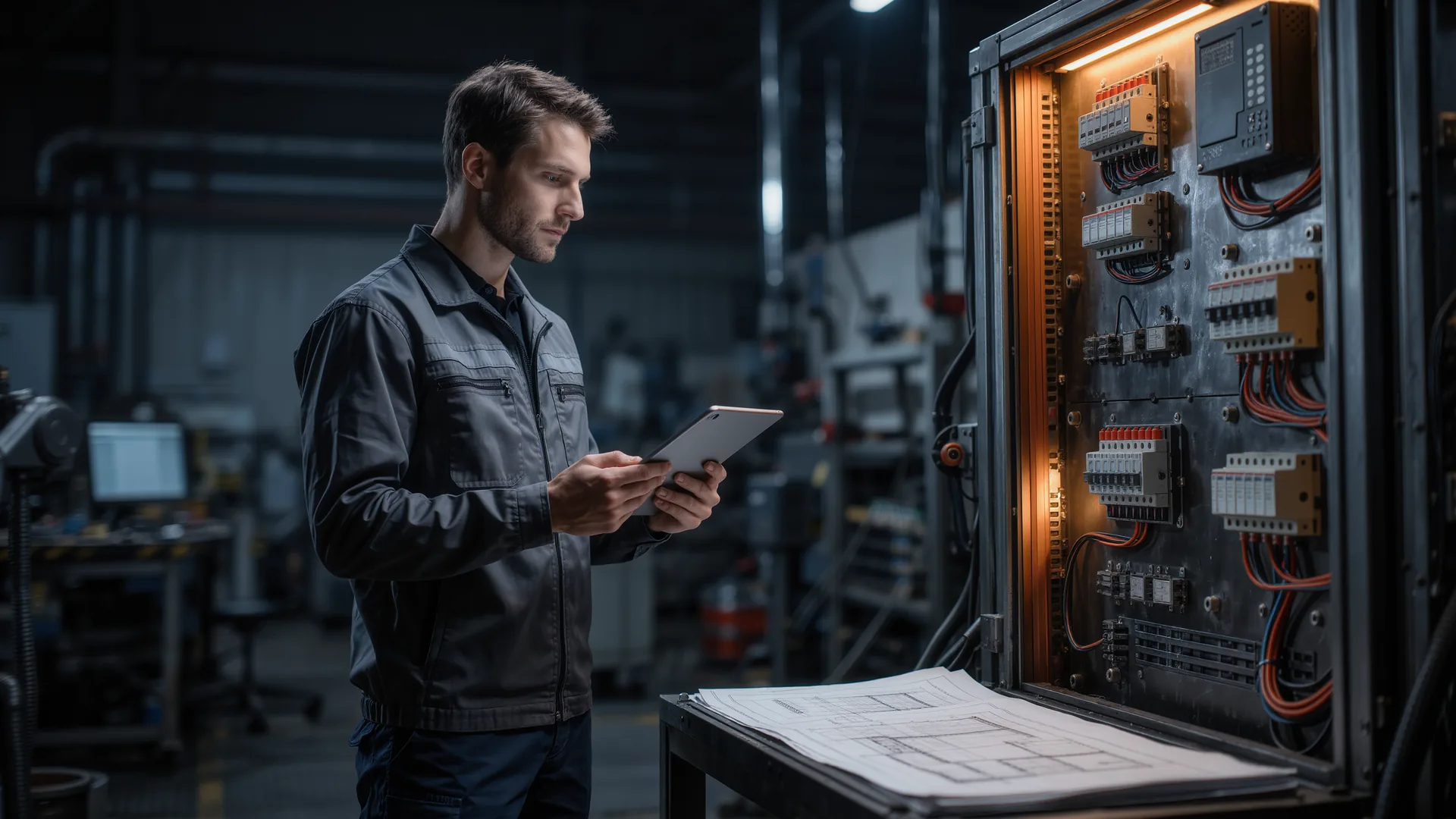 Engineer with a tablet inspecting a robot cell control cabinet