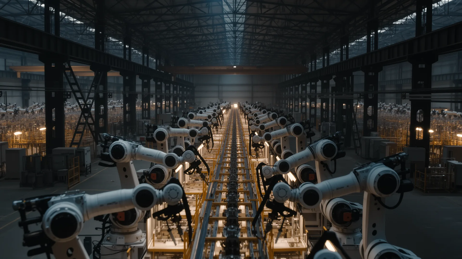 Elevated view of an automated factory floor with many robot arms on a line
