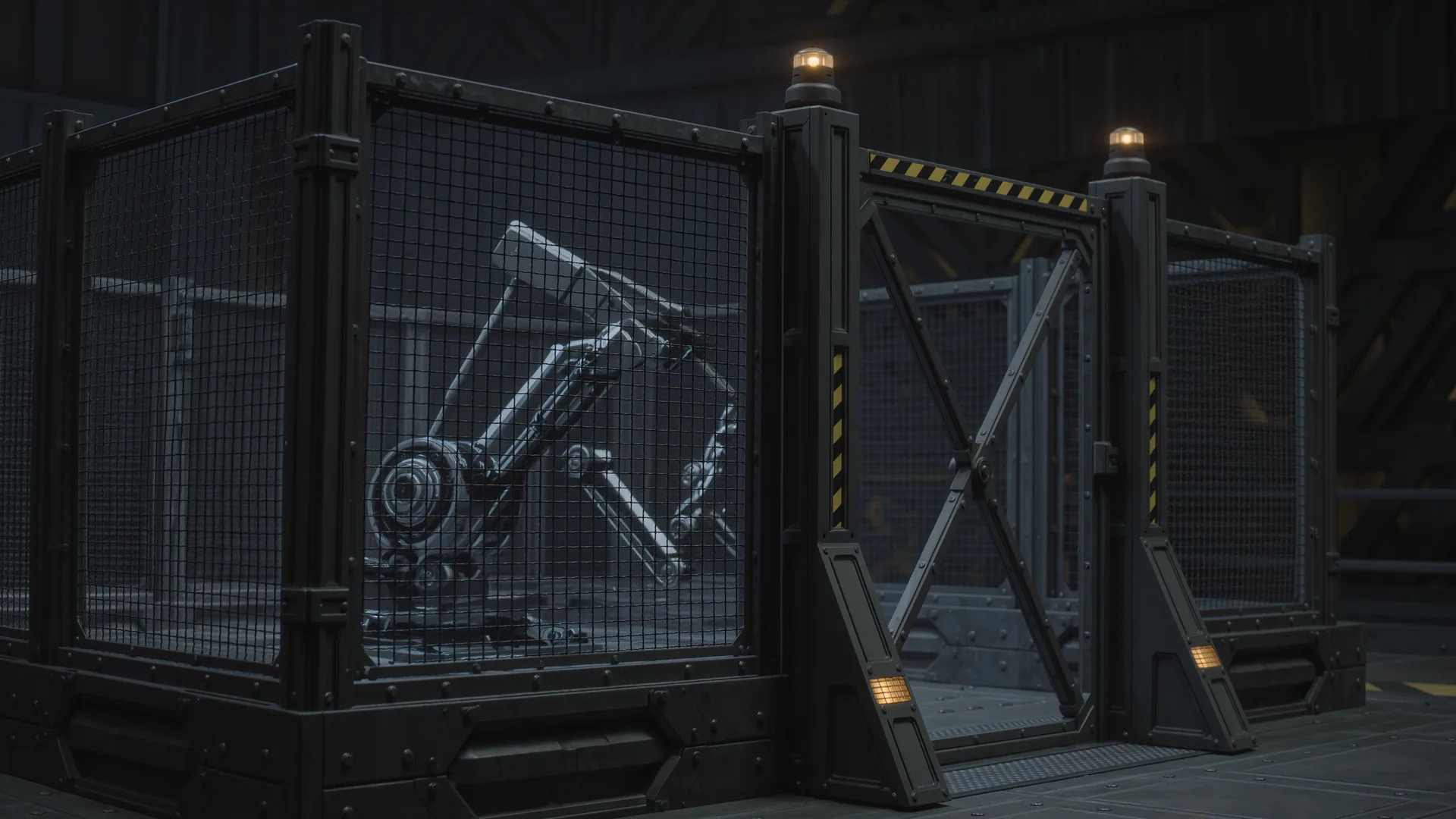 Robot cell perimeter with mesh fencing, interlocked door and warning beacon