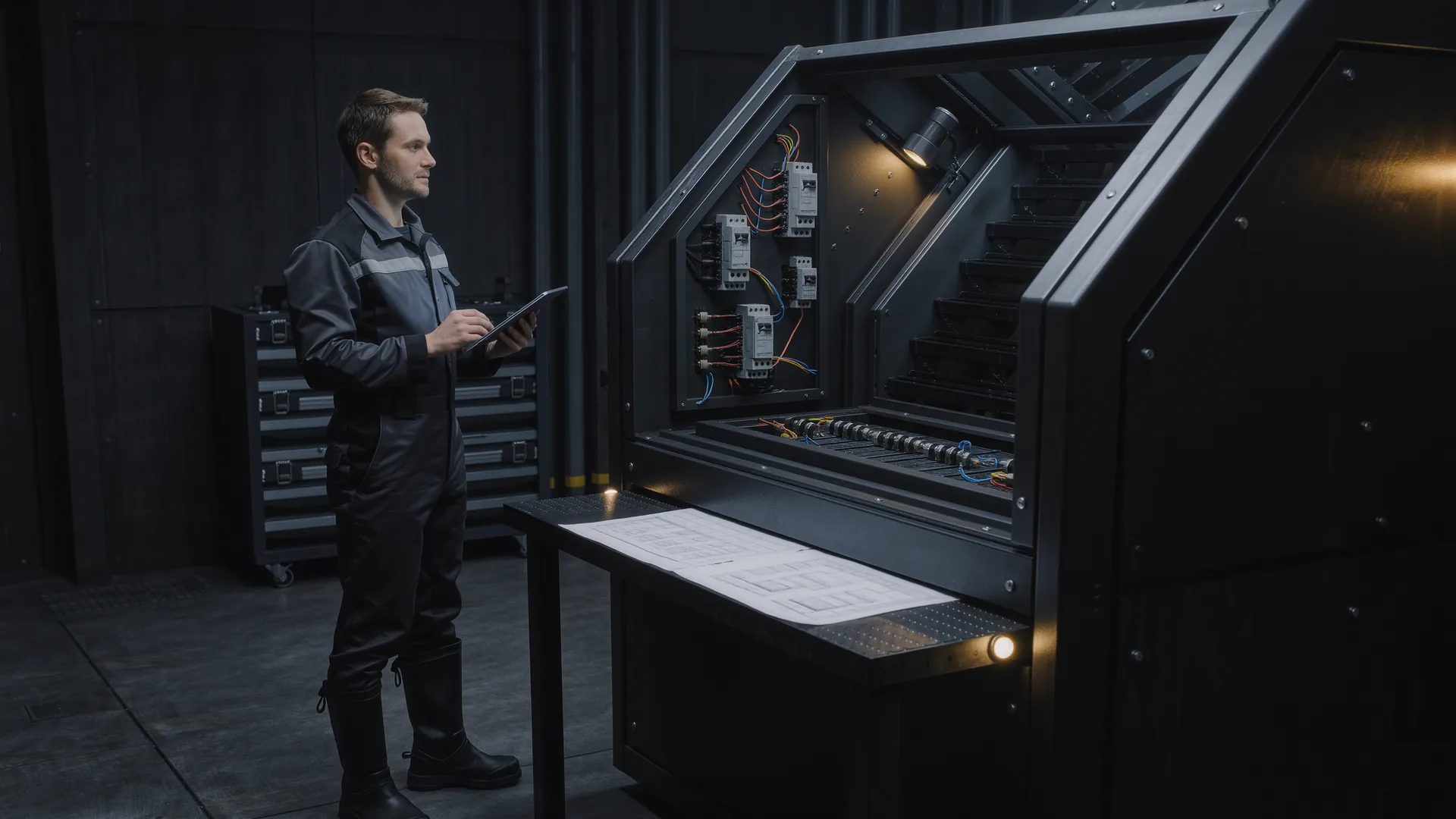 Engineer with a tablet inspecting a robot cell control cabinet