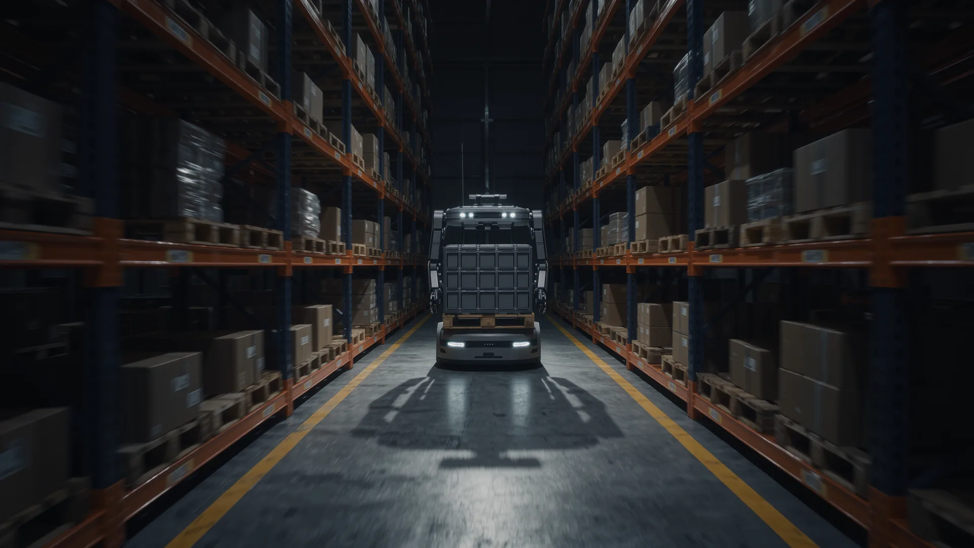 Autonomous mobile robot carrying a load along a warehouse aisle