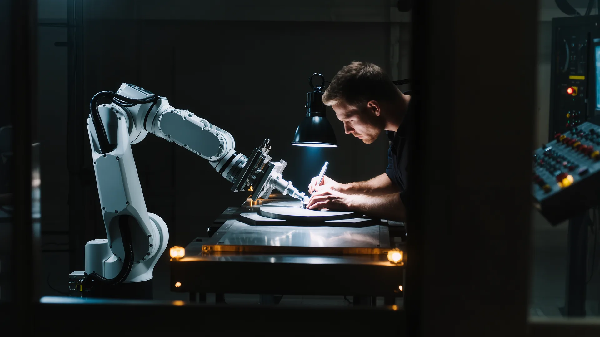 Collaborative robot arm working at an assembly bench beside a person
