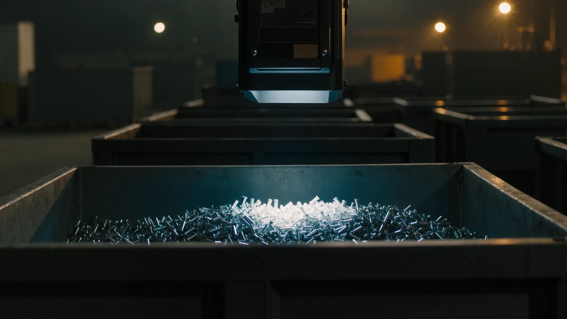 Three-dimensional sensor mounted above a bin of randomly oriented metal parts
