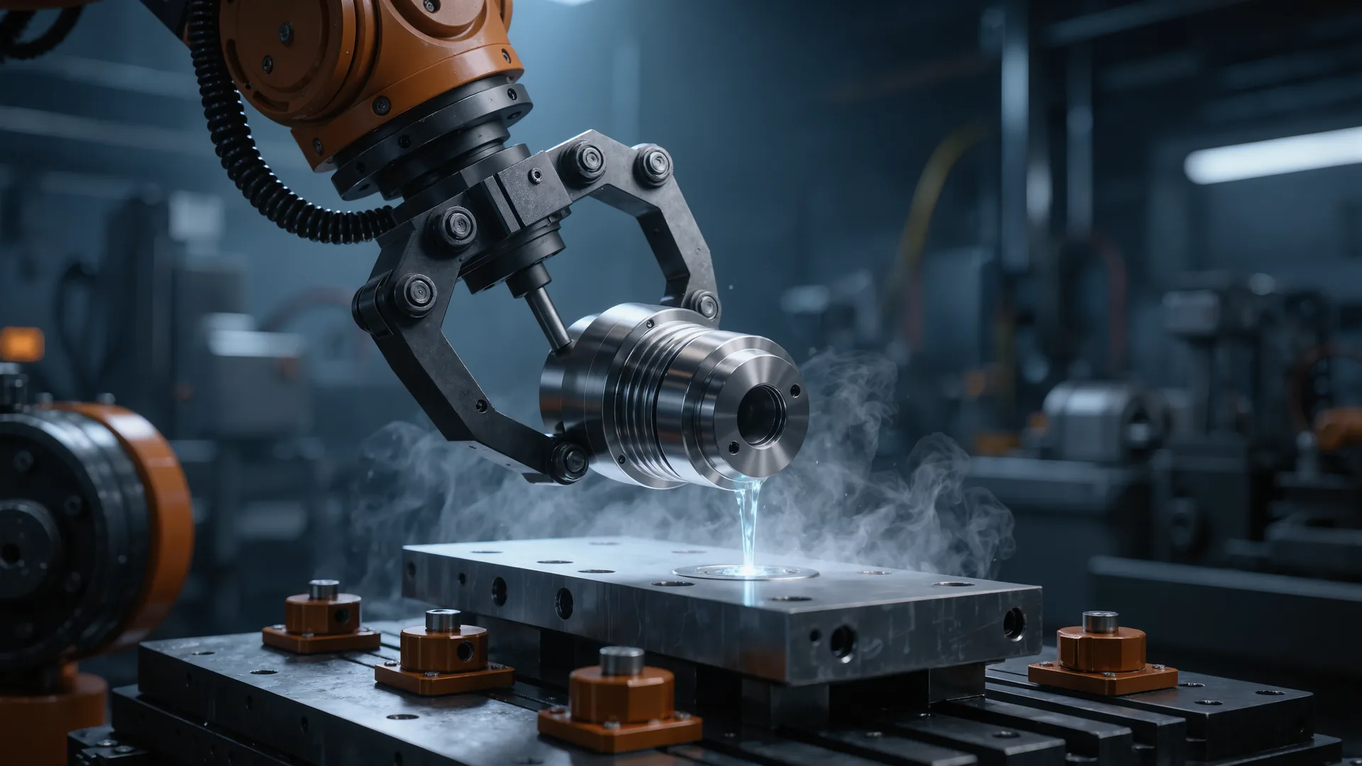 Industrial robot wrist and gripper holding a machined metal part above a machine table