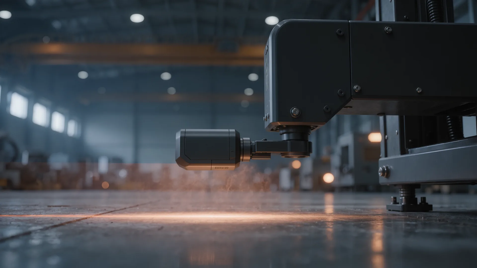 Safety laser scanner mounted low on a machine frame on a factory floor