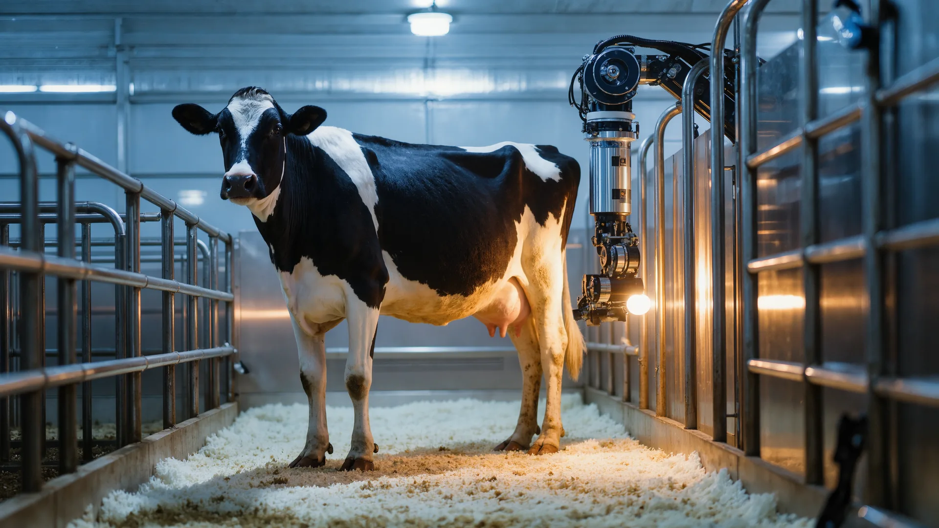 Robotic milking box in a dairy barn with a cow in the stall