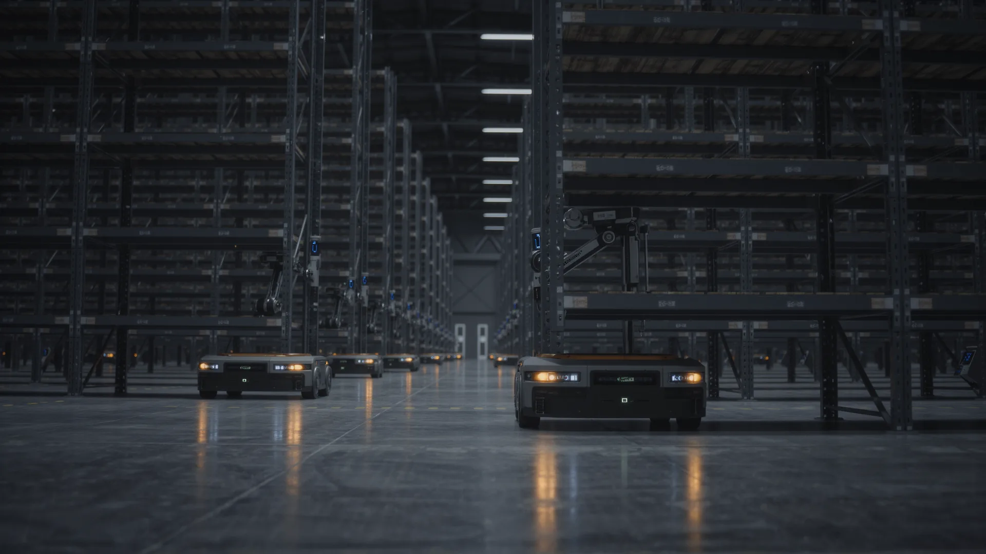 Several mobile robots moving shelf units across a warehouse floor