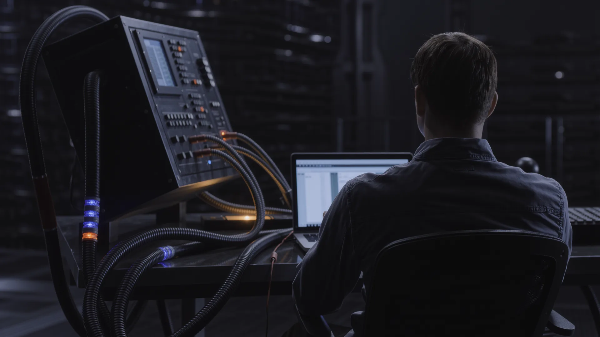 Engineer at a laptop beside a robot controller cabinet with cable looms