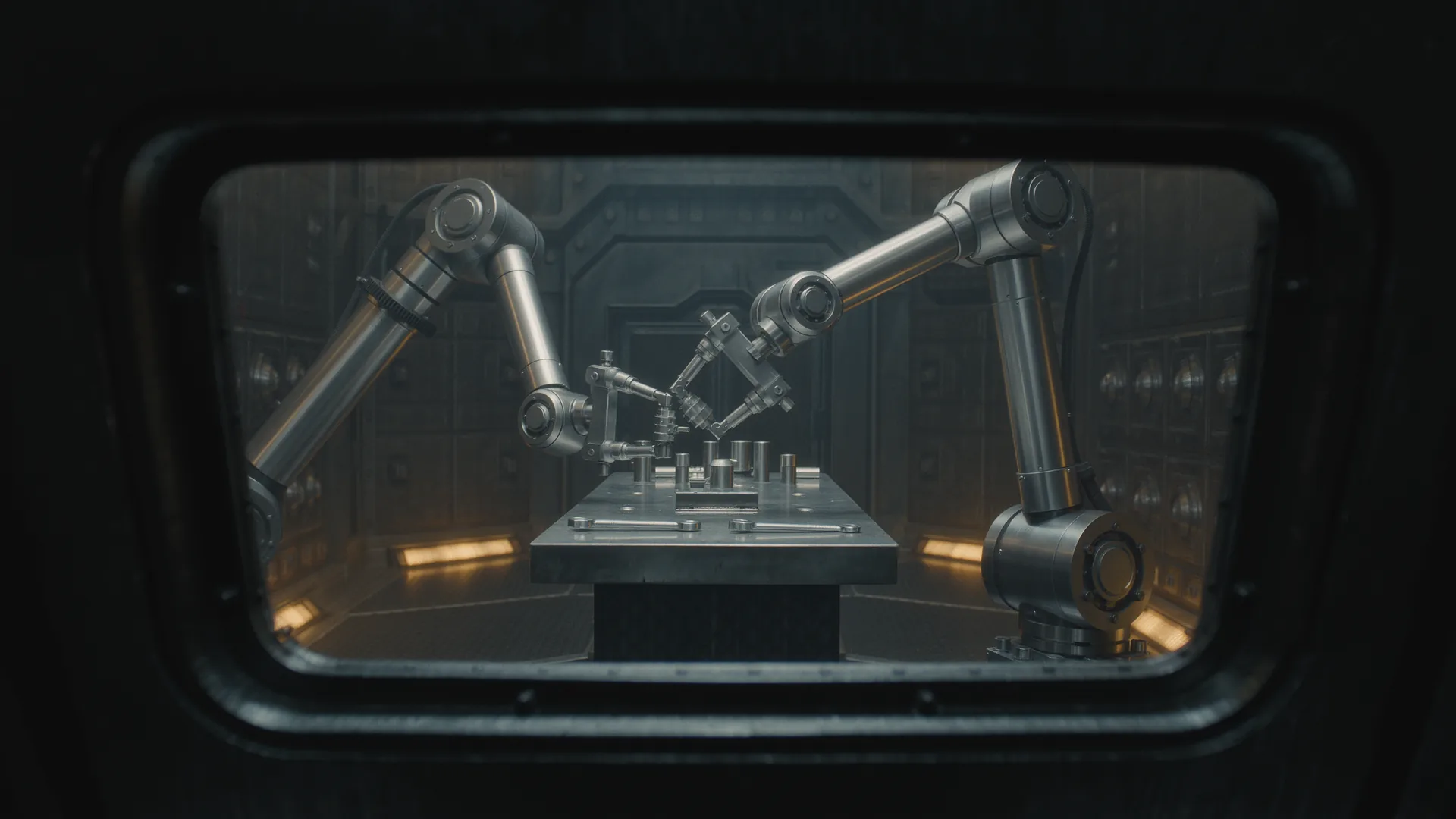 Remote master-slave manipulators behind the leaded window of a nuclear hot cell