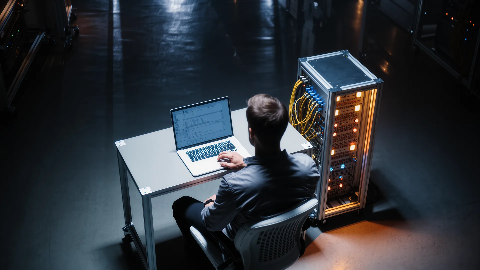 Engineer at a laptop beside a robot controller cabinet with cable looms