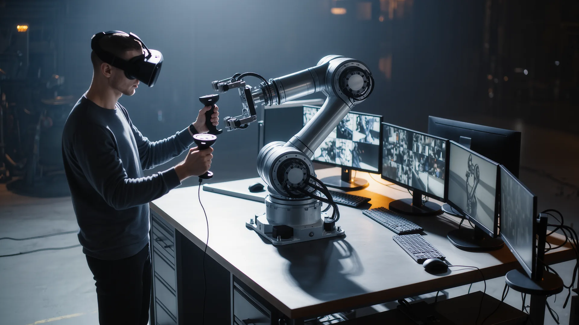 Operator in a virtual reality headset guiding a robot arm across a workbench