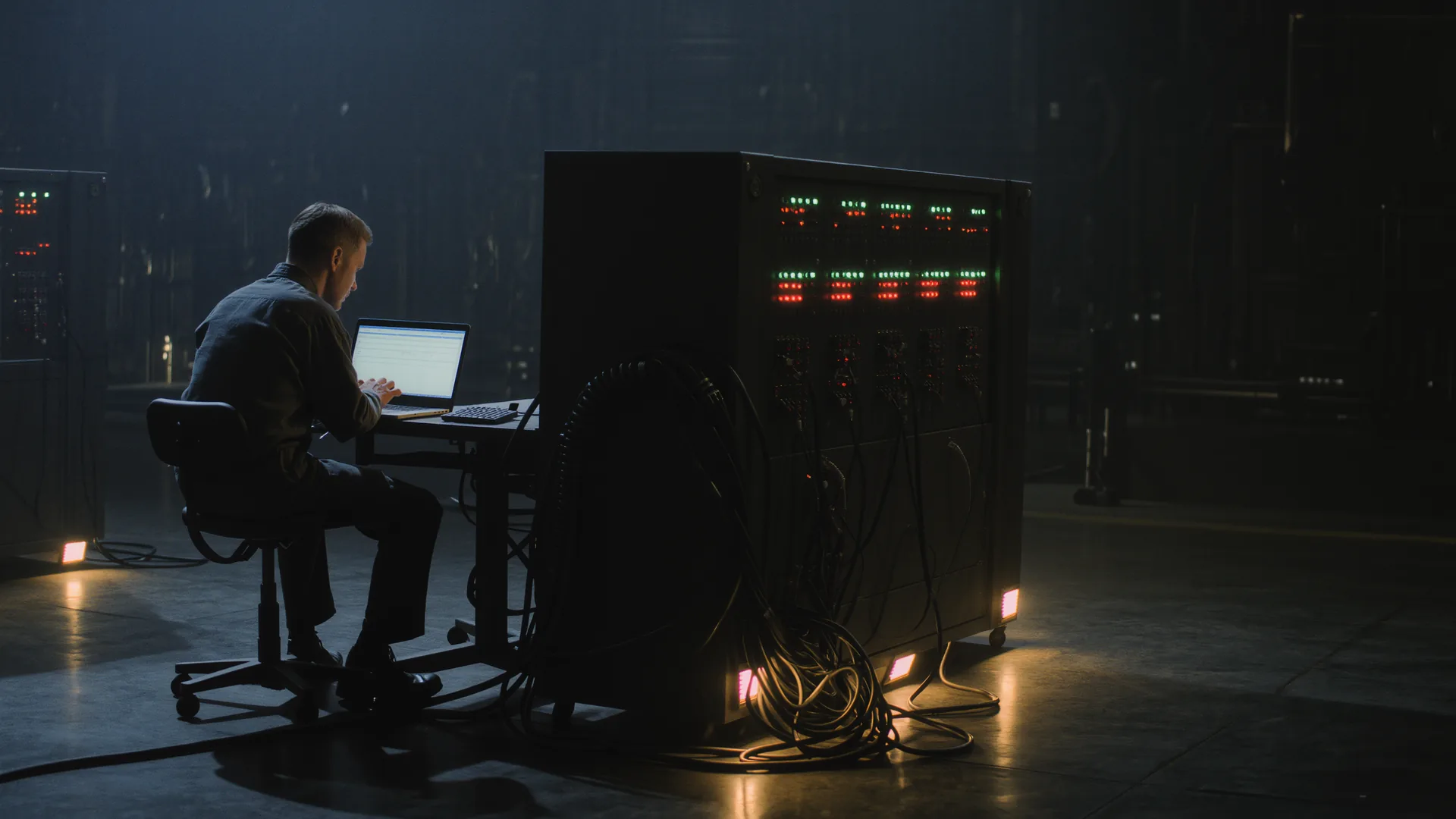 Engineer at a laptop beside a robot controller cabinet with cable looms