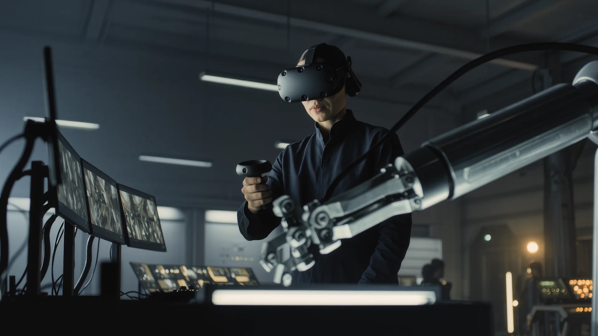 Operator in a virtual reality headset guiding a robot arm across a workbench